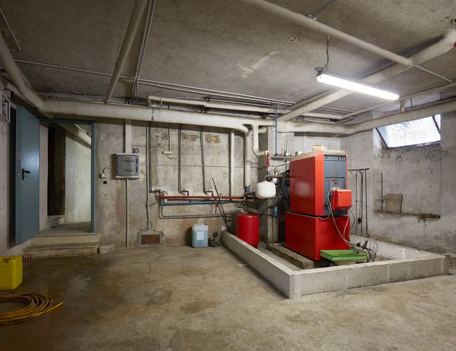 basement with red heating boiler in old house interior